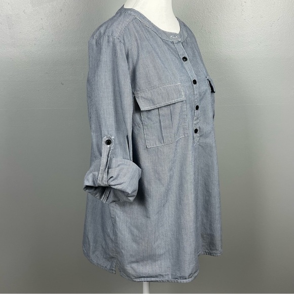 QMack 100% cotton blue white micro stripe popover roll sleeve top, size XL. - Picture 7 of 10